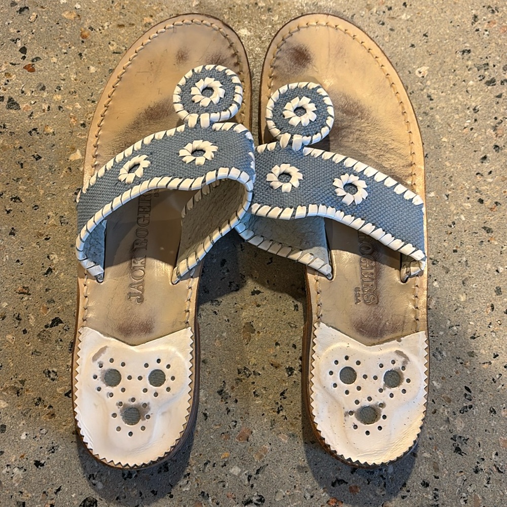 Jack Rogers Women’s Navajo Raffia Straw Blue and White Leather Thong Sandals